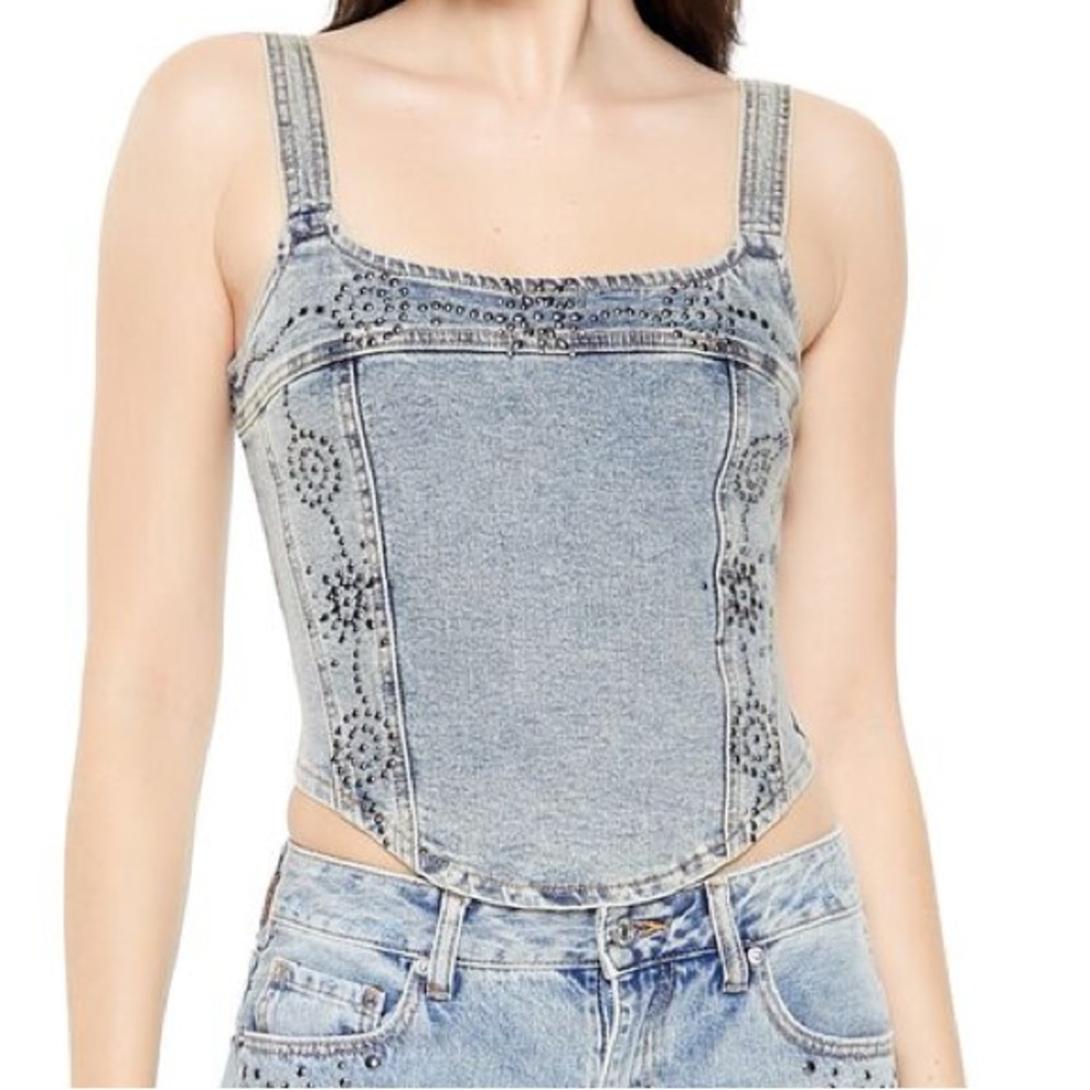 Women's Blue Denim Embellished Top Studded Denim Crop top